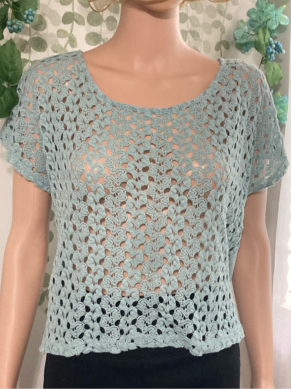 💎 Sz L Ransom Light Blue Crochet Knit Short Sleeve Top